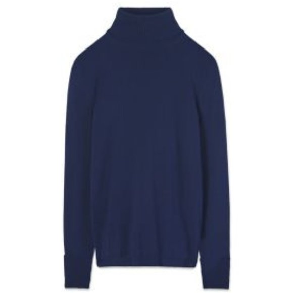 Tory Burch Candace Navy Turtleneck Sweater With Red "T" Logo On Sleeve - Picture 7 of 7